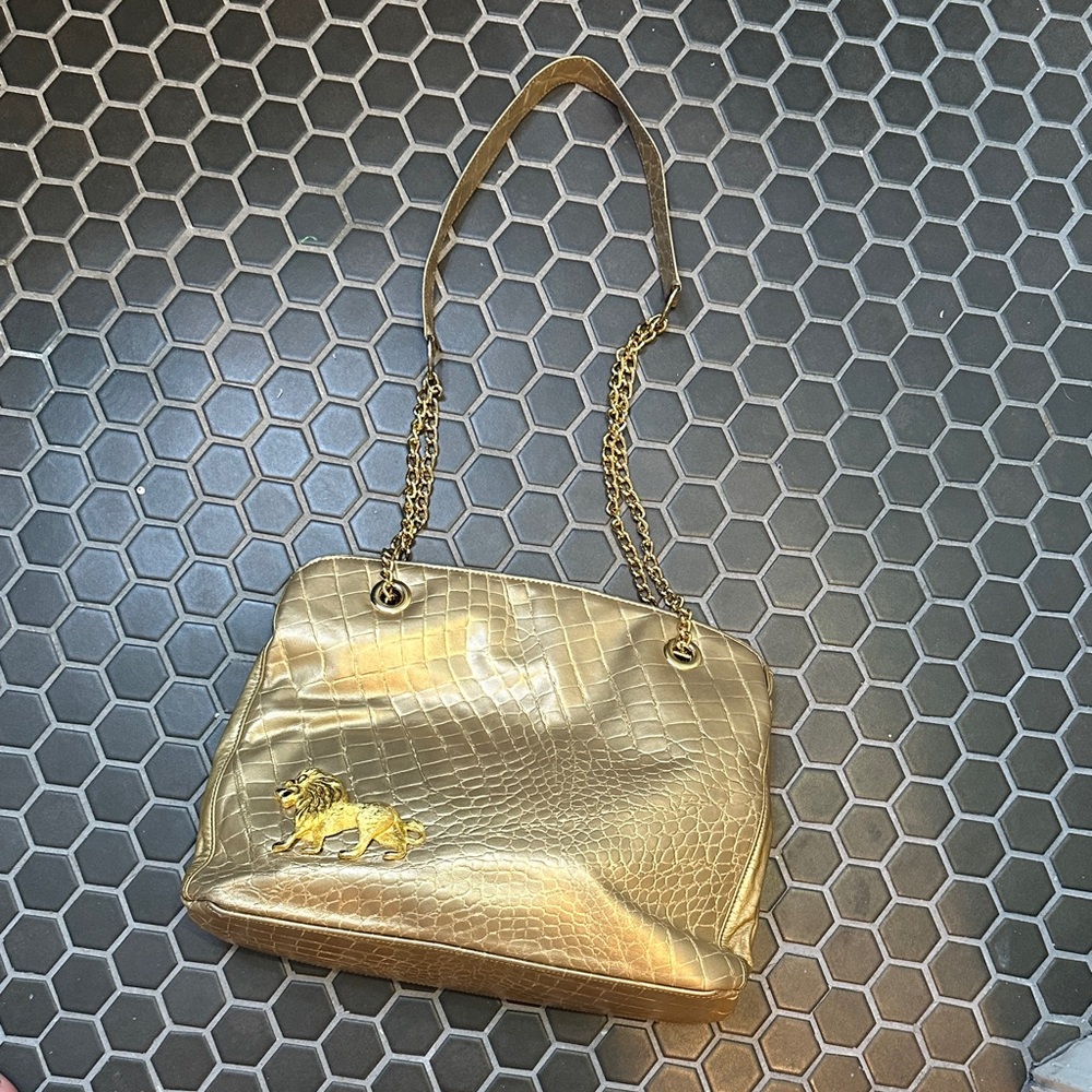 Gold Croc-Embossed Chain Shoulder Bag